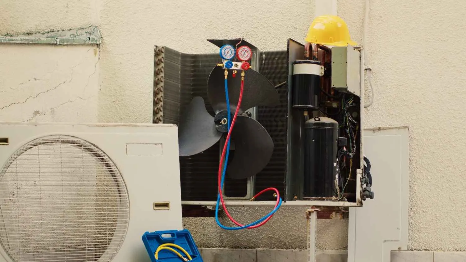 Open air conditioning unit with pressure gauges attached